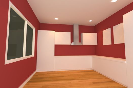 empty interior design for kitchen room with red wall.