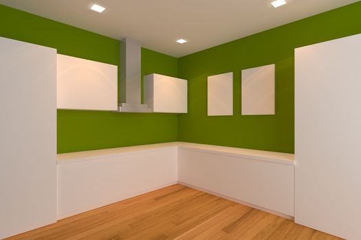 empty interior design for kitchen room with green wall.