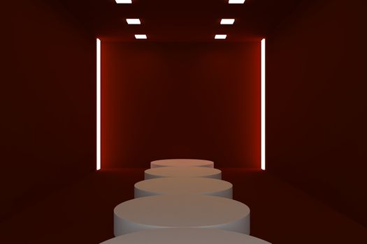 Empty fashion runway red color lighting and black wall.