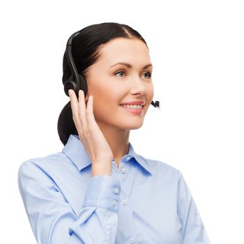 business and office concept - friendly female helpline operator with headphones