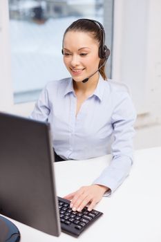 business, communication and call center concept - friendly female helpline operator with headphones