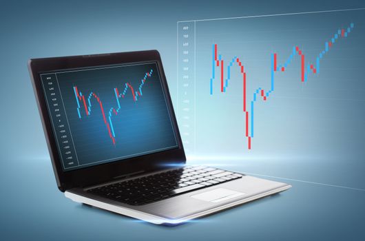 technology, money and investment concept - laptop computer with forex chart on desktop