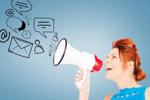 communication concept - redhead woman with megaphone over blue background