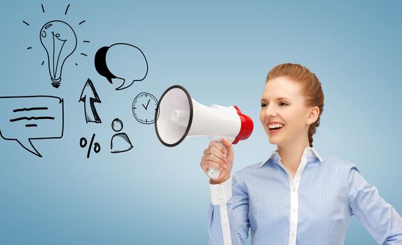 communication concept - woman with megaphone over blue background