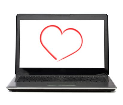 technology and advertisement concept - laptop computer with heart on white screen