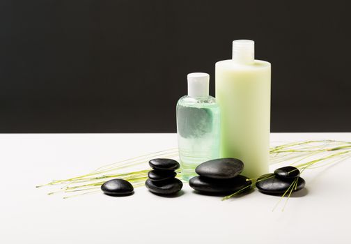 spa, health and beauty concept - closeup of shampoo bottle, massage stones and green plant