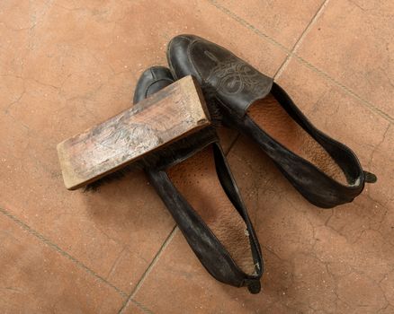 Pair of leather shoes and brush