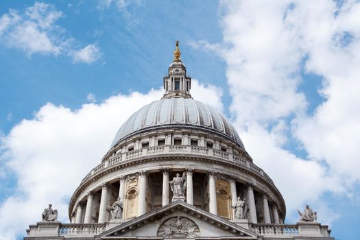 Closeup of the dome of St. Paul's Cathedral in London, England, designed by Sir Christopher Wren