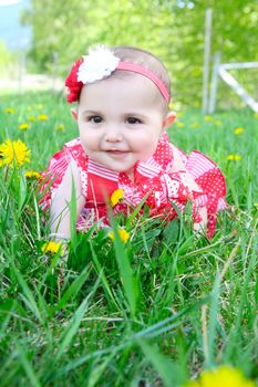 Beautiful brunette baby girl sitting in a field