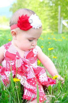 Beautiful brunette baby girl sitting in a field