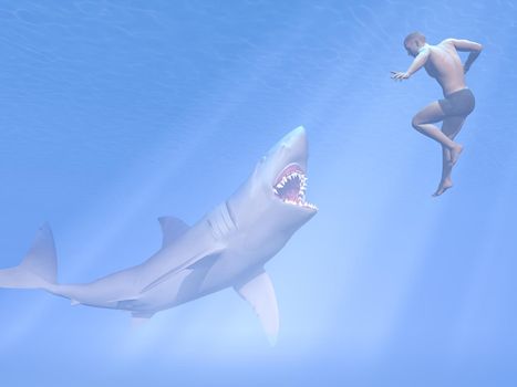 Underwater shark with open mouth attacking man swimming