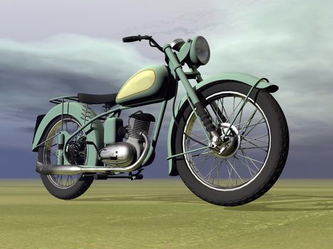 One green vintage motorbike standing outdoor by cloudy weather