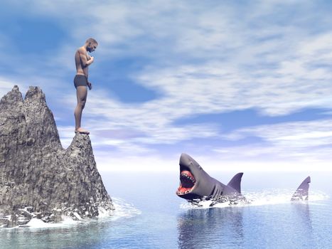 Shark with open mouth attacking man standing upon a rocky cliff