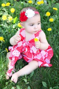 Brunette baby girl sitting in a field with dandelions