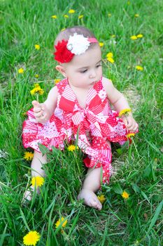 Brunette baby sitting in a field with dandelions