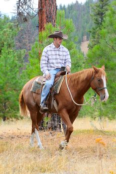 Young cowboy riding his horse in the field 