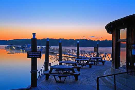 Sunrise at the boat dock on Lake Marburg in Codorus State Park, York County, Pennsylvania, USA.