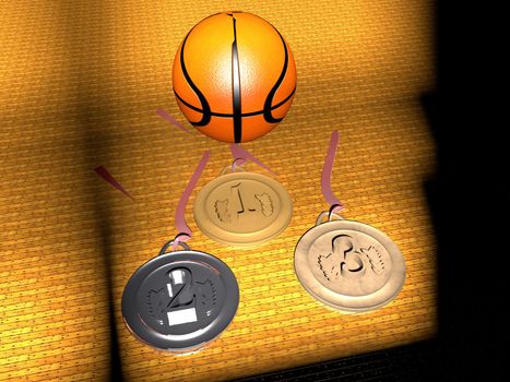 Basketball and gold, silver and bronze medals, 3d render