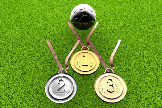White football over grass field with gold, silver and bronze medals, 3d render