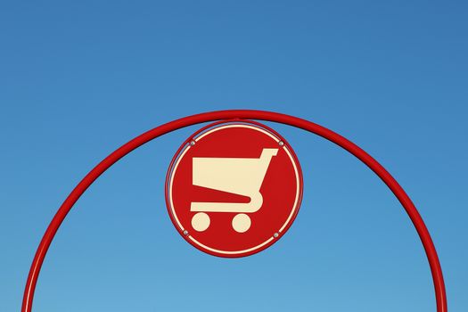 Shopping cart sign against blue sky