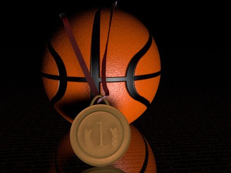 Basketball with golden medal, black background, 3d render