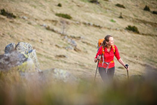 Pretty, young woman hiking in mountains