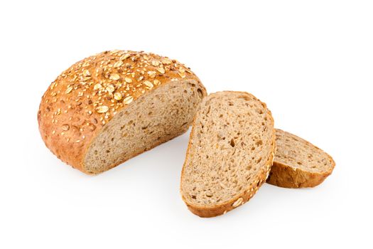 Sliced loaf of fresh homemade bread on white