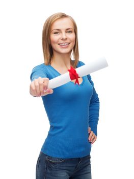 university and education concept - smiling woman with diploma