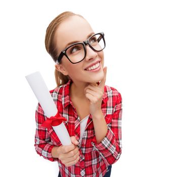 university and education concept - smiling woman in black eyeglasses with diploma