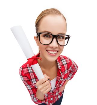 university and education concept - smiling woman in black eyeglasses with diploma