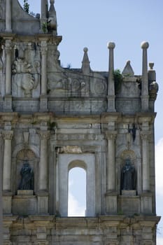 Detail of facade of ruined church of St Paul. Macau. China