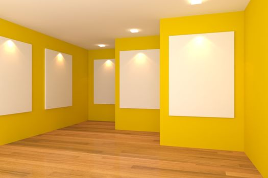 Empty room interior with white canvas on yellow wall in the gallery.