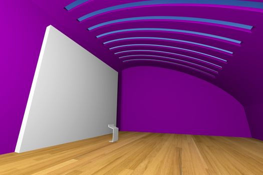 Empty room interior with big white canvas on a violet wall in the gallery 