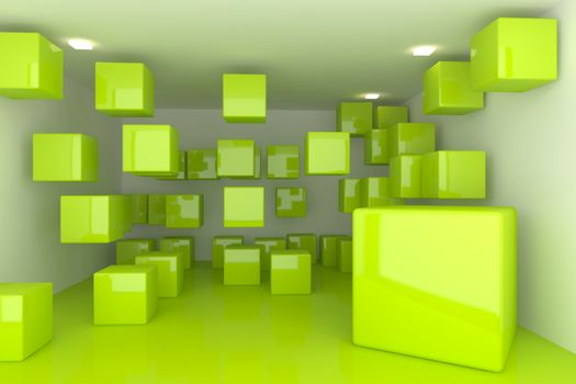 Abstract interior rendering with empty room color box display.