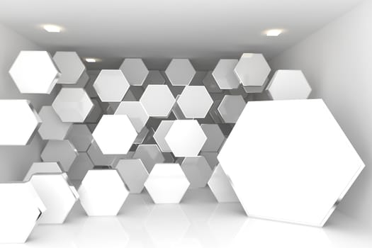 Abstract interior rendering with empty room color hexagon box display.