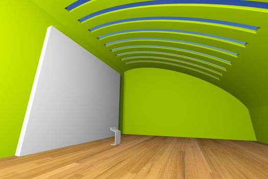 Empty room interior with big white canvas on a green wall in the gallery 