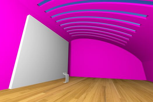 Empty room interior with big white canvas on a pink wall in the gallery 