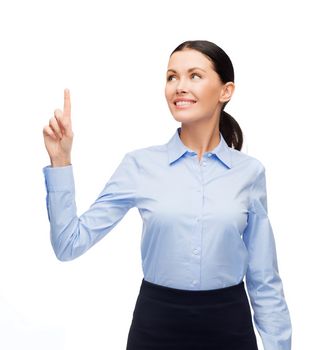 business and new technology concept - attractive young woman with her finger up