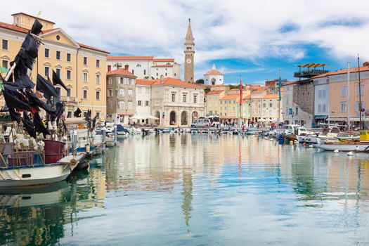 Picturesque old town Piran - beautiful Slovenian adriatic coast. Aerial view of Tartini Square.