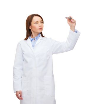 healthcare, medical and technology concept - young female doctor writing something in the air