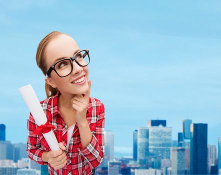 university and education concept - smiling woman in black eyeglasses with diploma