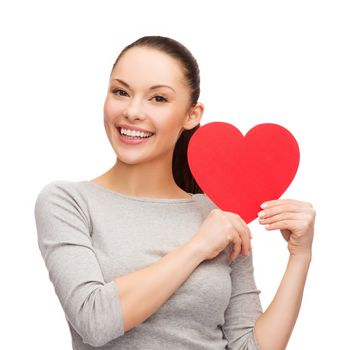 happiness, love and health concept - smiling asian woman with red heart