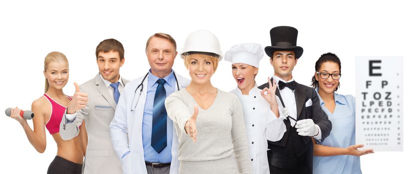 professions and people concept - group of people including businessman, cook, doctor, architect, nurse, magician and personal trainer