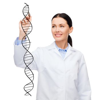 healthcare, medical and technology - young female doctor writing dna molecule in the air