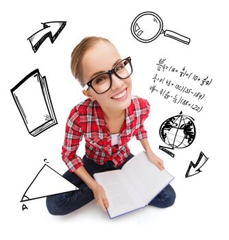 education and leisure concept - smiling teenage girl in black eyeglasses reading book