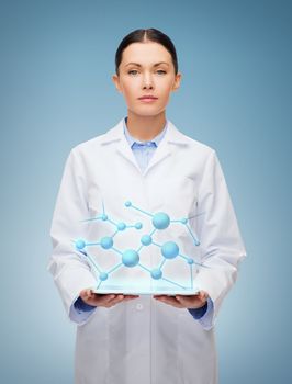 healthcare, technology and medicine concept - serious female doctor and tablet pc computer