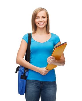 education and people concept - smiling female student with bag and folders