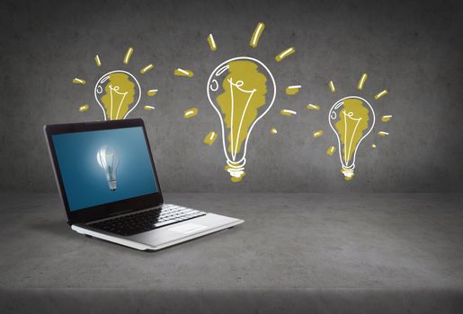 technology and advertisement concept - laptop computer with light bulb on screen