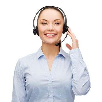 business and office concept - friendly female helpline operator with headphones