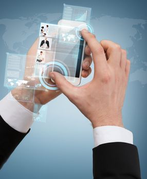 business, internet and technology concept - businessman touching screen of smartphone with news on it